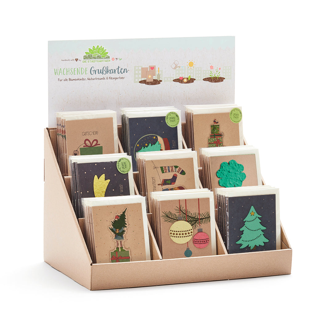 Kartonnen display van 9 kerst-/nieuwjaarsgroetkaarten